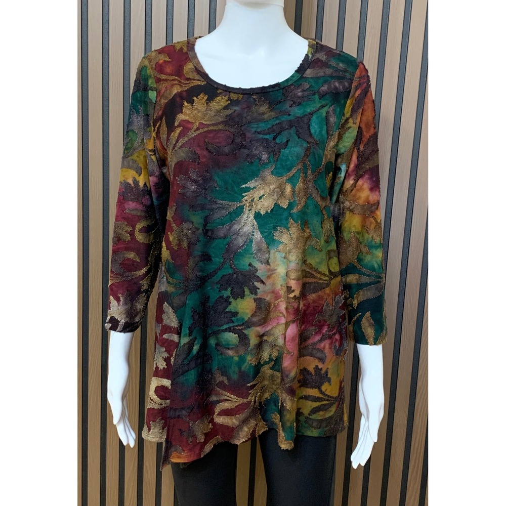 Karen Kane Burnout Velvet Tie Dye Tunic Top Floral Leaf Green Purple Gold M
